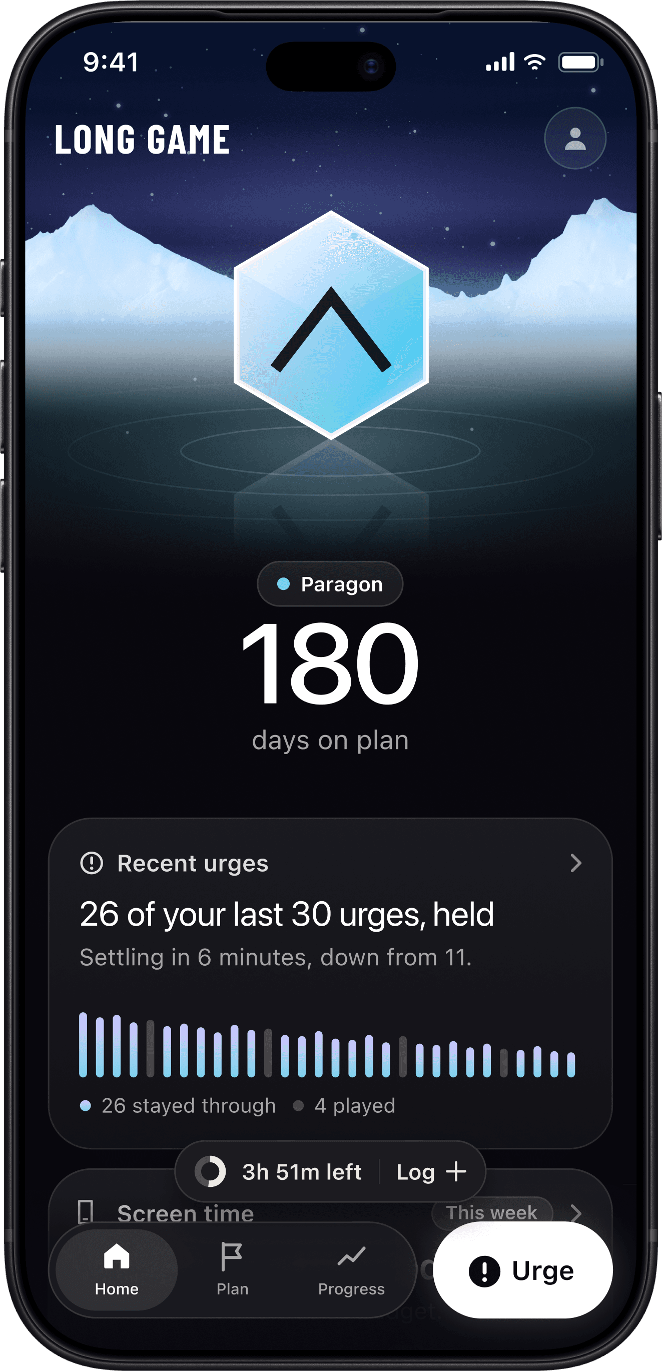 Long Game's Home: the Paragon rank stone, 180 days on plan, and 26 of the last 30 urges held.